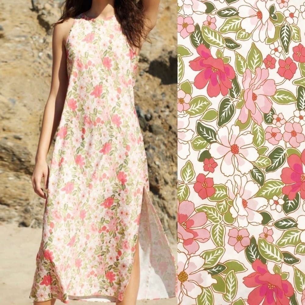 Outerknown Ellison Slip Dress Floral Pink Green Sleeveless Women’s Size Large